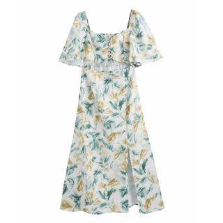 Short-sleeve Leaf Print Lace-up A-line Dress