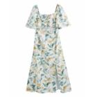 Short-sleeve Leaf Print Lace-up A-line Dress