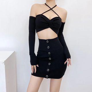 Set: Halter Neck Plain Camisole Top / High Waist Button-up Skirt