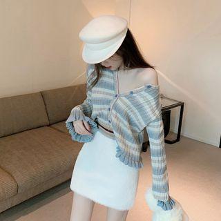 Set : Long-sleeved Knit Sweater + Velvet Skirt