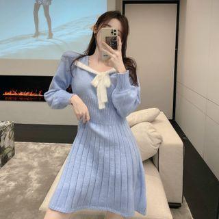 Bow Knit Mini A-line Dress Blue - One Size