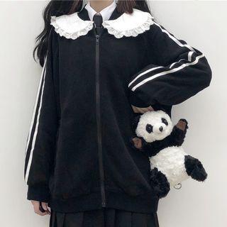 Striped Lace Trim Zip Jacket As Shown In Figure - One Size