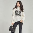 Turtle-neck Letter-printed Knit Top