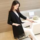 Fringed Trim Open-front Long Cable Knit Cardigan