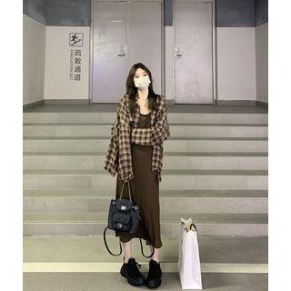 Plaid Shirt Jacket / Plain Midi Tank Dress