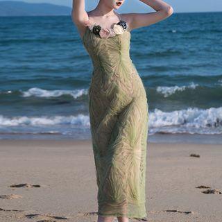 Spaghetti-strap Flower Applique Mesh Midi Sheath Dress