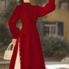 Set: Long-sleeve Faux Pearl Trim Lace Panel Midi A-line Dress + Belt