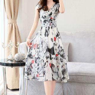 Printed Wrapped Neck Midi Chiffon Dress