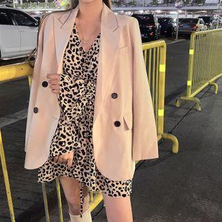 Set: Long-sleeve V-neck Drawstring Leopard Dress / Long-sleeve Plain Double-breasted Blazer