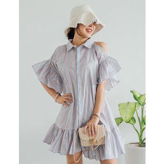 Frilled-detail Striped Shirtdress