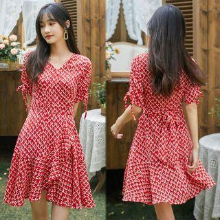 Patterned Short-sleeve Chiffon Mini A-line Dress