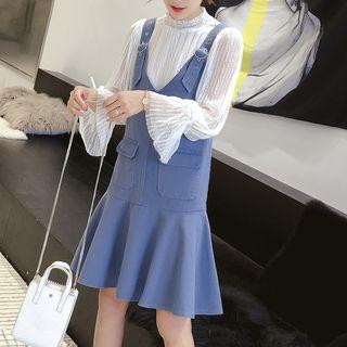 Sleeveless Buckled-strap A-line Dress / Long-sleeve Lace Top