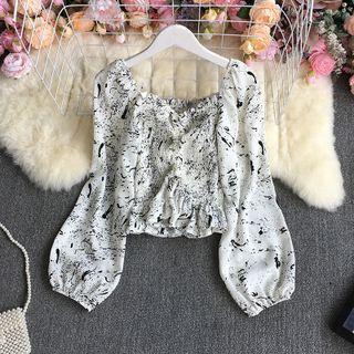 Long-sleeve Print Shirred Cropped Chiffon Top