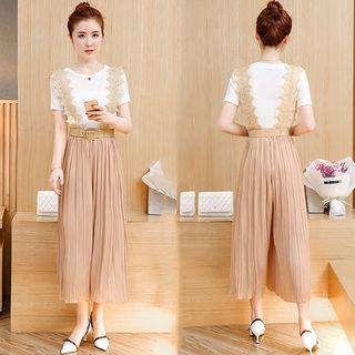 Set: Short-sleeve T-shirt + Pleated Wide Leg Suspender Pants