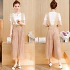 Set: Short-sleeve T-shirt + Pleated Wide Leg Suspender Pants