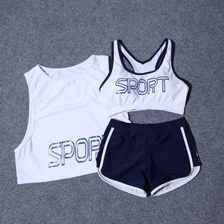 Set: Lettering Bikini Top + Swim Shorts + Cover-up