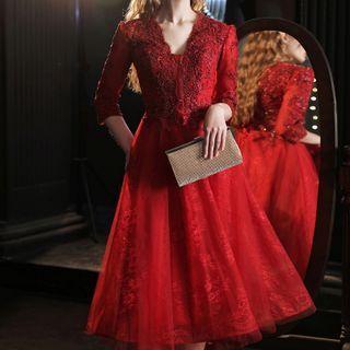 Elbow-sleeve Floral A-line Cocktail Dress