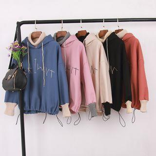Mock Two-piece Turtleneck Lettering Embroidered Hoodie