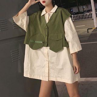 Set: Plain Oversize 3/4-sleeve Shirt + Pocket Detail Vest
