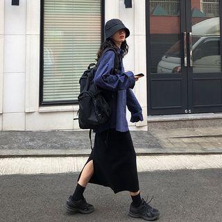 Corduroy Plain Long Sleeve Shirt / Plain Knit Midi Dress