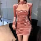 Choker-neck Long-sleeve Velvet Sheath Dress Pink - One Size