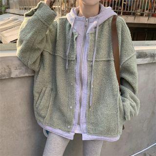 Fleece Hooded Zip Jacket Light Green - One Size