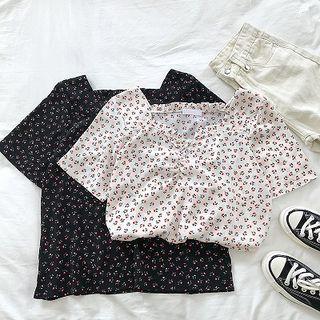 Floral Square-neck Chiffon Ruffled-trim Blouse