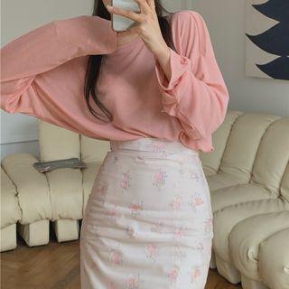 Long-sleeve T-shirt / Floral Print Midi Pencil Skirt