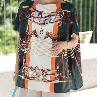Boxy-fit Scarf Print Blouse Dark Green - One Size