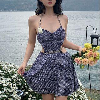 Set: Halter Plaid Swimsuit + Swim Skirt