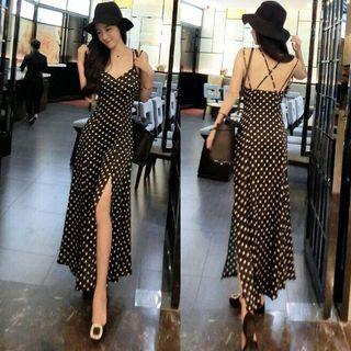 Dotted Spaghetti Strap Side Slit Maxi Dress