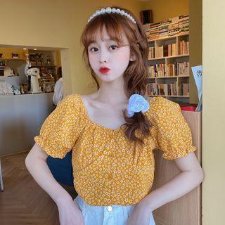 Puff-sleeve Floral Print Crop Top