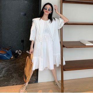 Lace Trim 3/4-sleeve Midi Shift Dress