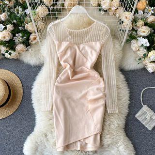 Mock Two-piece V-neck Mesh Panel Dress