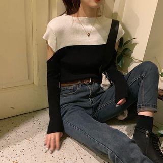Long-sleeve Contrast-color Cutout Knit Top As Shown In Figure - One Size
