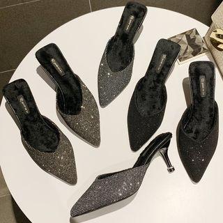 Rhinestone Furry High Heel Slide Sandals