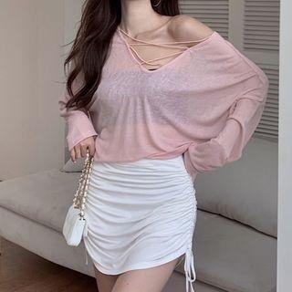 Long-sleeve Plain T-shirt / Drawstring Mini Skirt