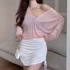 Long-sleeve Plain T-shirt / Drawstring Mini Skirt