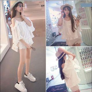 Ruffle Trim Cut Out Shoulder Elbow Sleeve Top