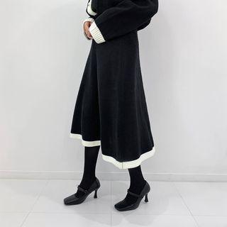 Contrast-trim Long Knit Skirt