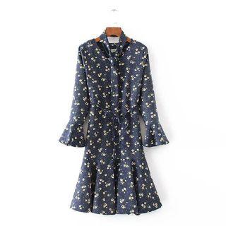 Long-sleeve Floral Corduroy Pleated Dress
