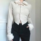 Long-sleeve Fluffy Trim Button-up Top