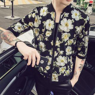 Flower Print Elbow-sleeve Bomber Jacket