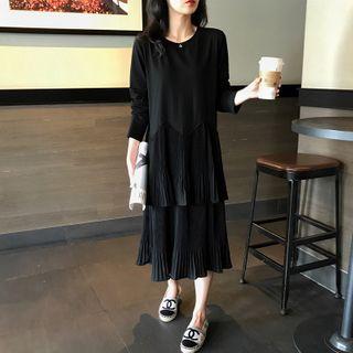 Layered Long-sleeve Midi A-line Dress