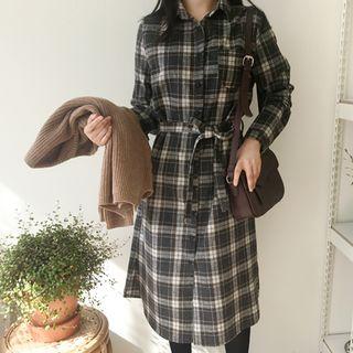 Tie-waist Flannel Shirtdress Charcoal Gray - One Size