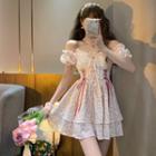 Off-shoulder Lace Up Floral Mini A-line Dress
