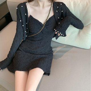 Spaghetti Strap Mini Sheath Dress / Faux Pearl Cropped Cardigan