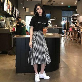 Set: Lettering T-shirt + Gingham Midi A-line Skirt