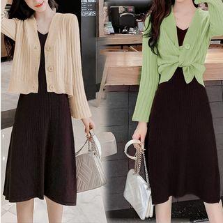 Set: Cardigan + Sleeveless A-line Midi Knit Dress