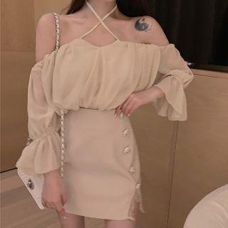 Set: Off-shoulder Ruffled Top + Rhinestone Skirt